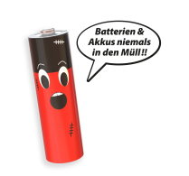 Her mit Leer Batterie erkl&auml;rt, dass Batterien und Akkus niemals in den Restm&uuml;ll geh&ouml;ren.