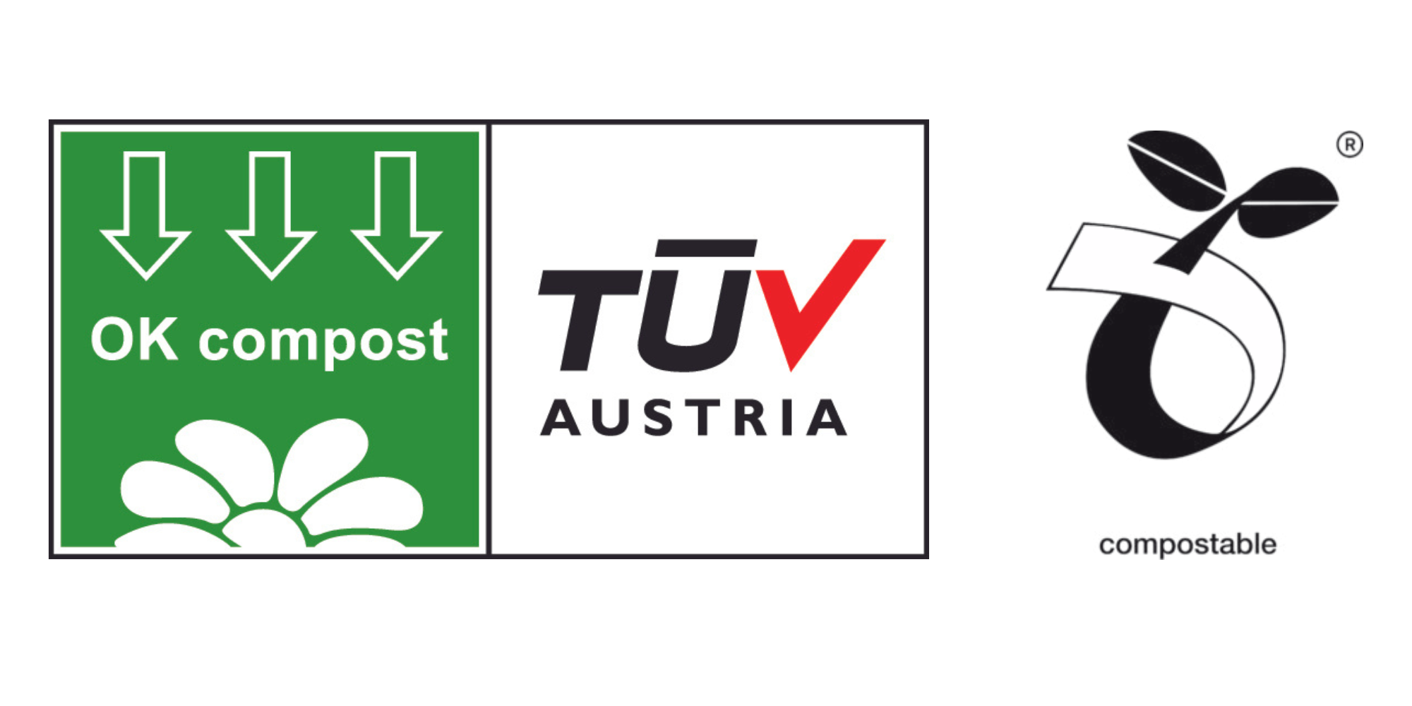 2 Gütesiegel (OK Kompost) und (Compostable) sind abgebildet.